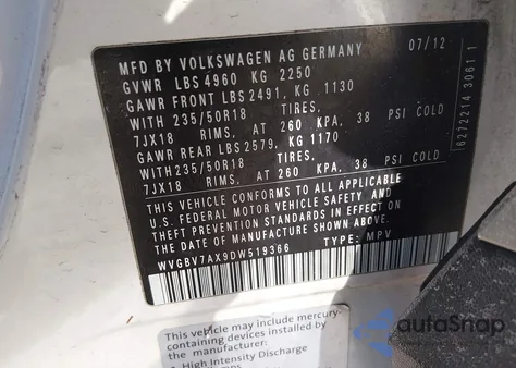 2013 Volkswagen Tiguan S/Se/Sel из США, поврежденный, VIN WVGBV7AX9DW519366